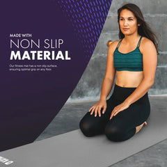 Woman sitting on a non-slip yoga mat with text about material properties.